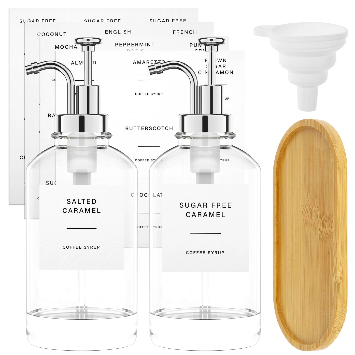 coffee syrup dispenser set with bamboo tray