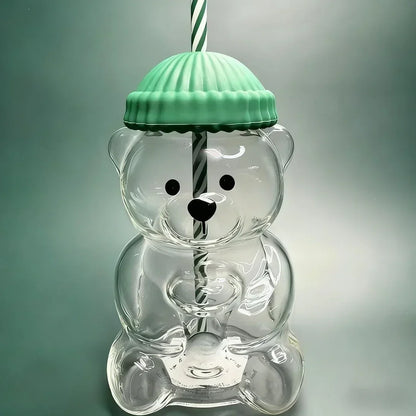 cartoon bear glass cup with straw