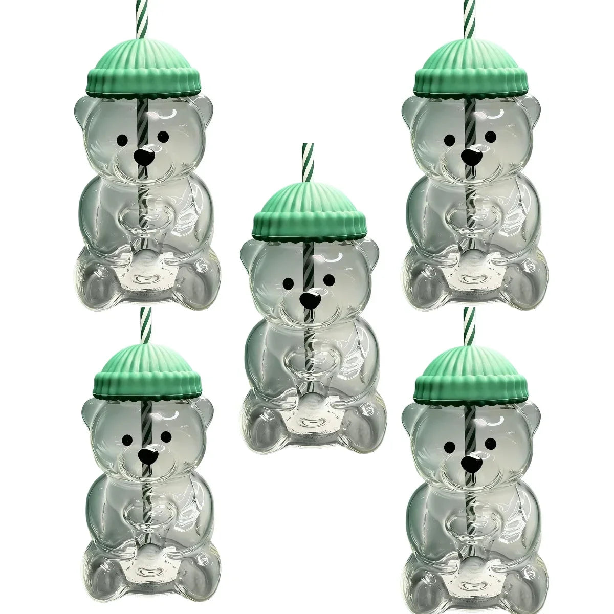 cartoon bear glass cup with straw