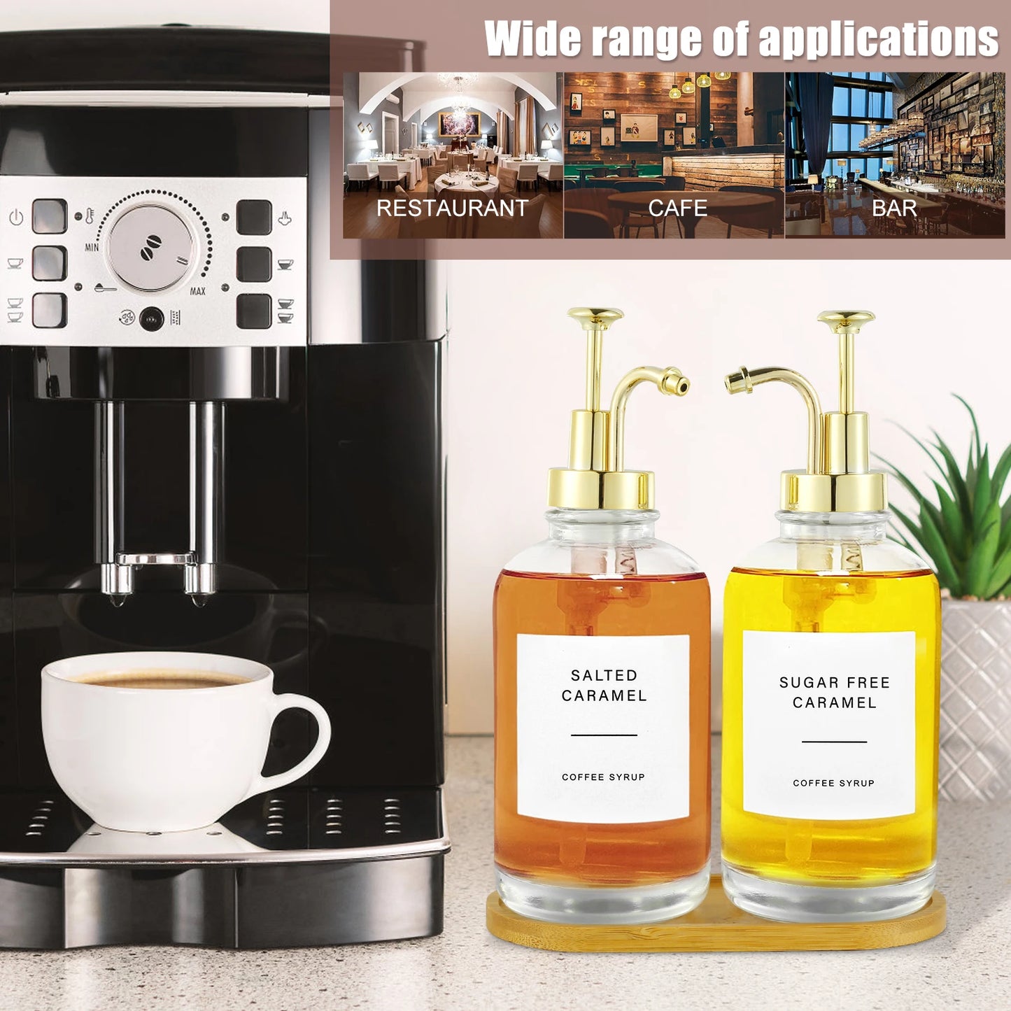 coffee syrup dispenser set with bamboo tray