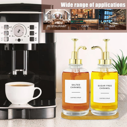 coffee syrup dispenser set with bamboo tray