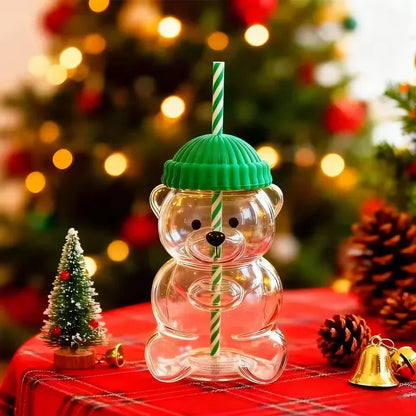 cartoon bear glass cup with straw