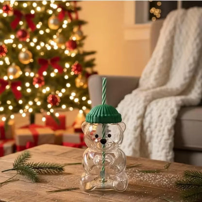 cartoon bear glass cup with straw