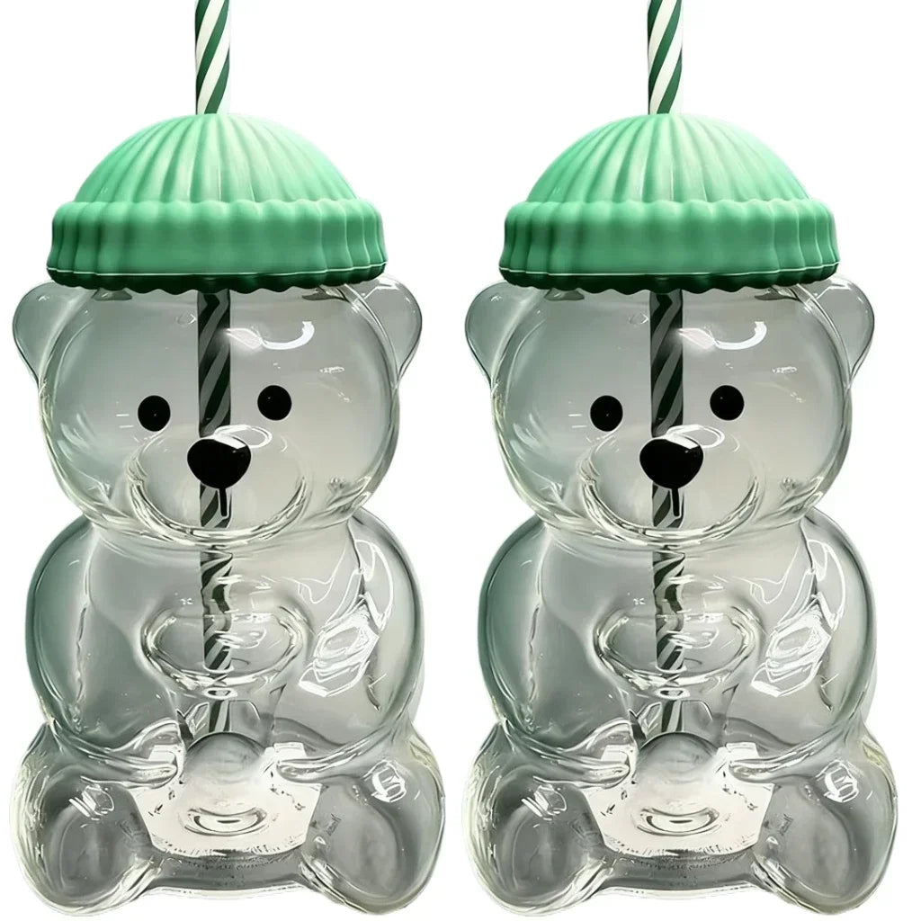cartoon bear glass cup with straw
