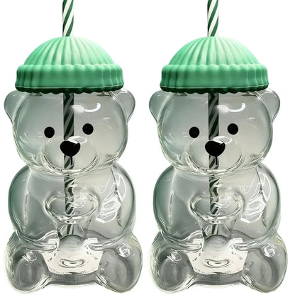 cartoon bear glass cup with straw