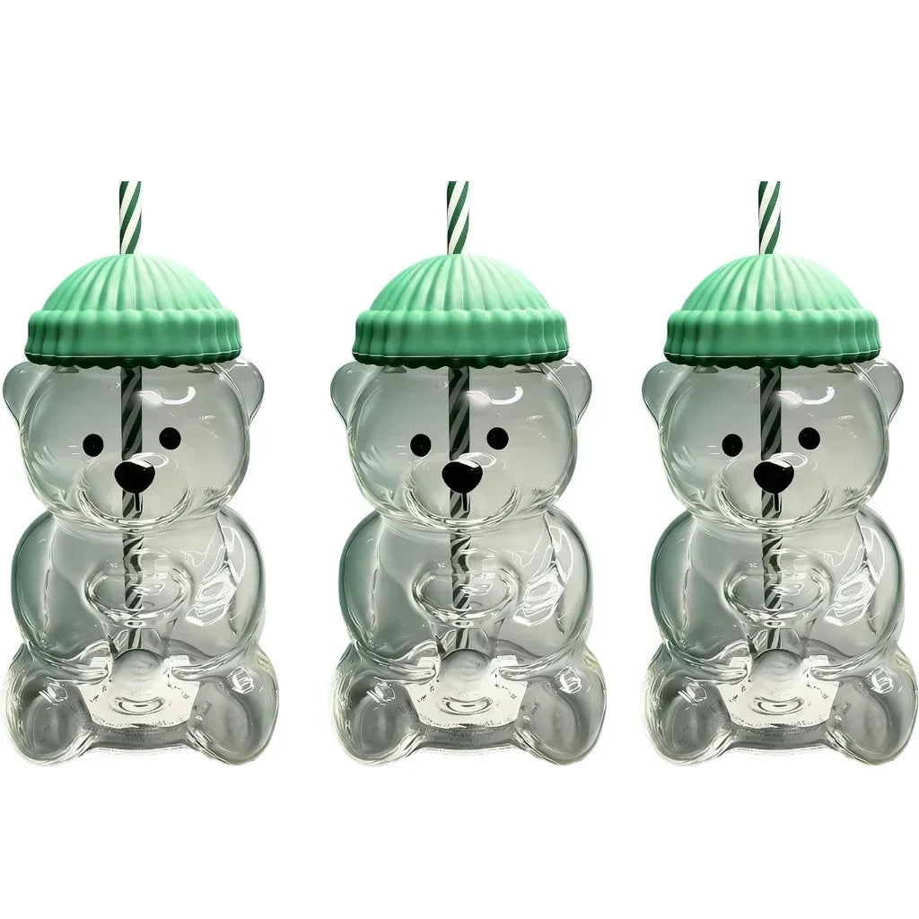 cartoon bear glass cup with straw