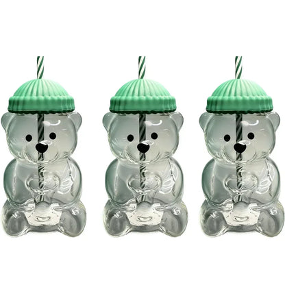 cartoon bear glass cup with straw
