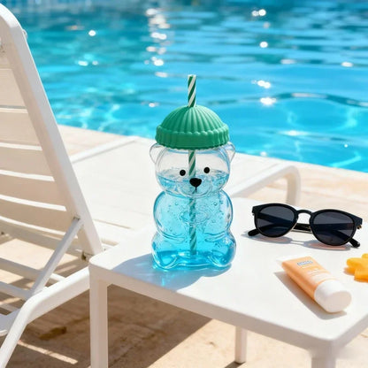 cartoon bear glass cup with straw