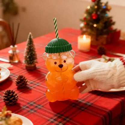 cartoon bear glass cup with straw