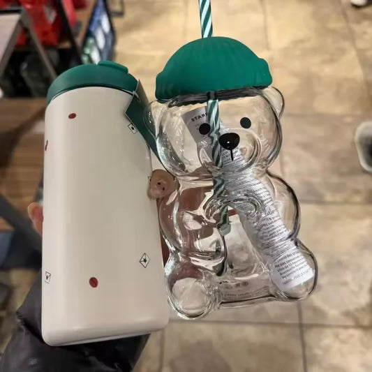 cartoon bear glass cup with straw