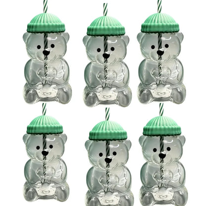 cartoon bear glass cup with straw
