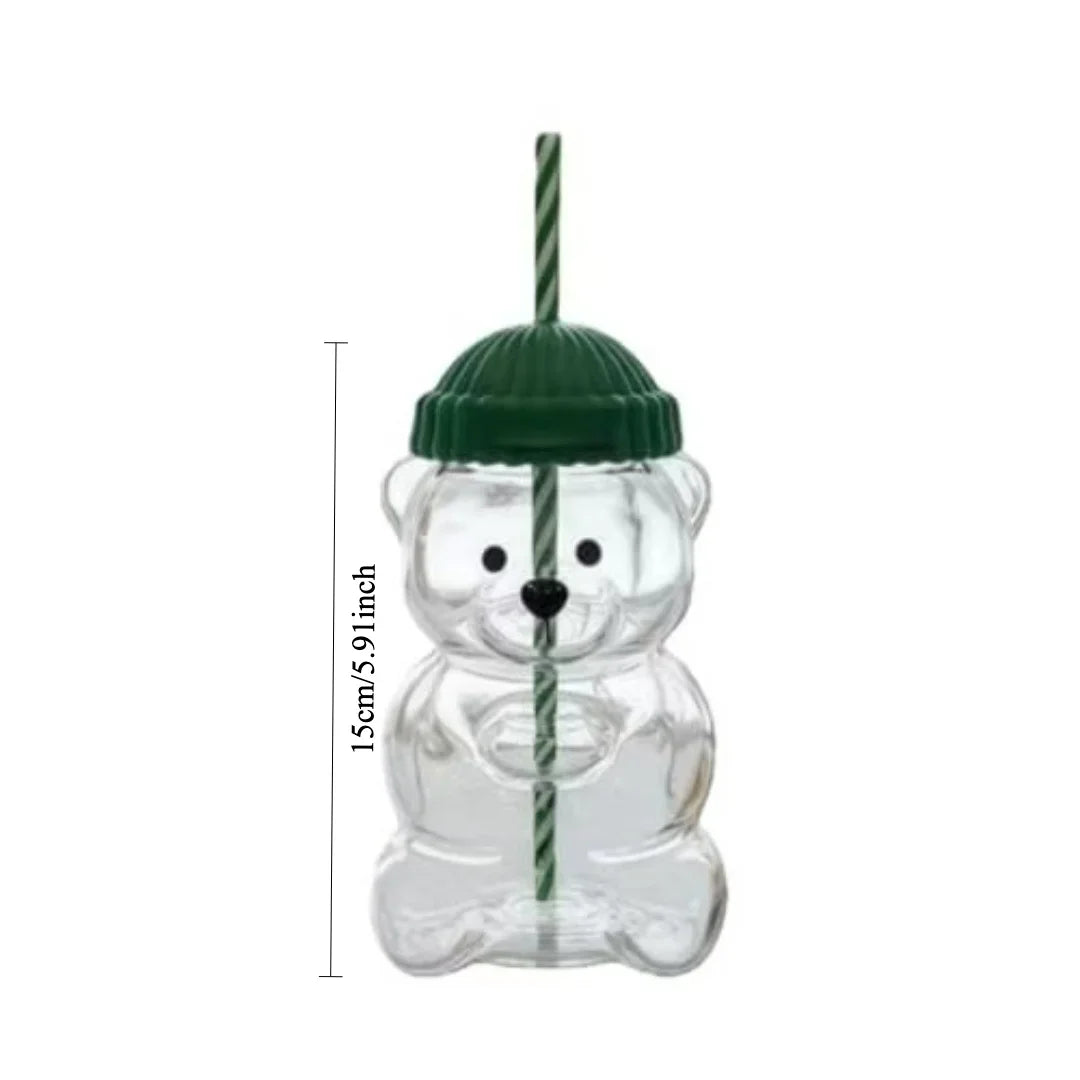 cartoon bear glass cup with straw