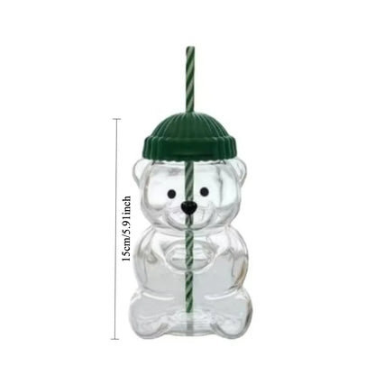 cartoon bear glass cup with straw