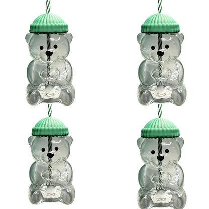 cartoon bear glass cup with straw