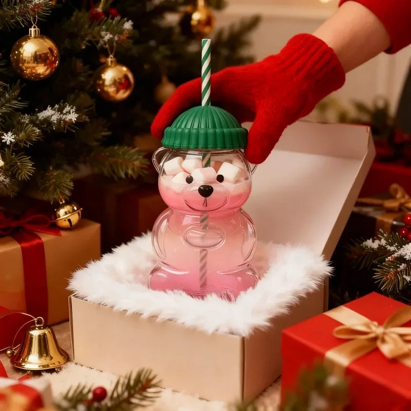 cartoon bear glass cup with straw