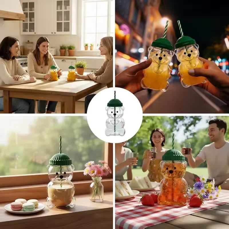 cartoon bear glass cup with straw