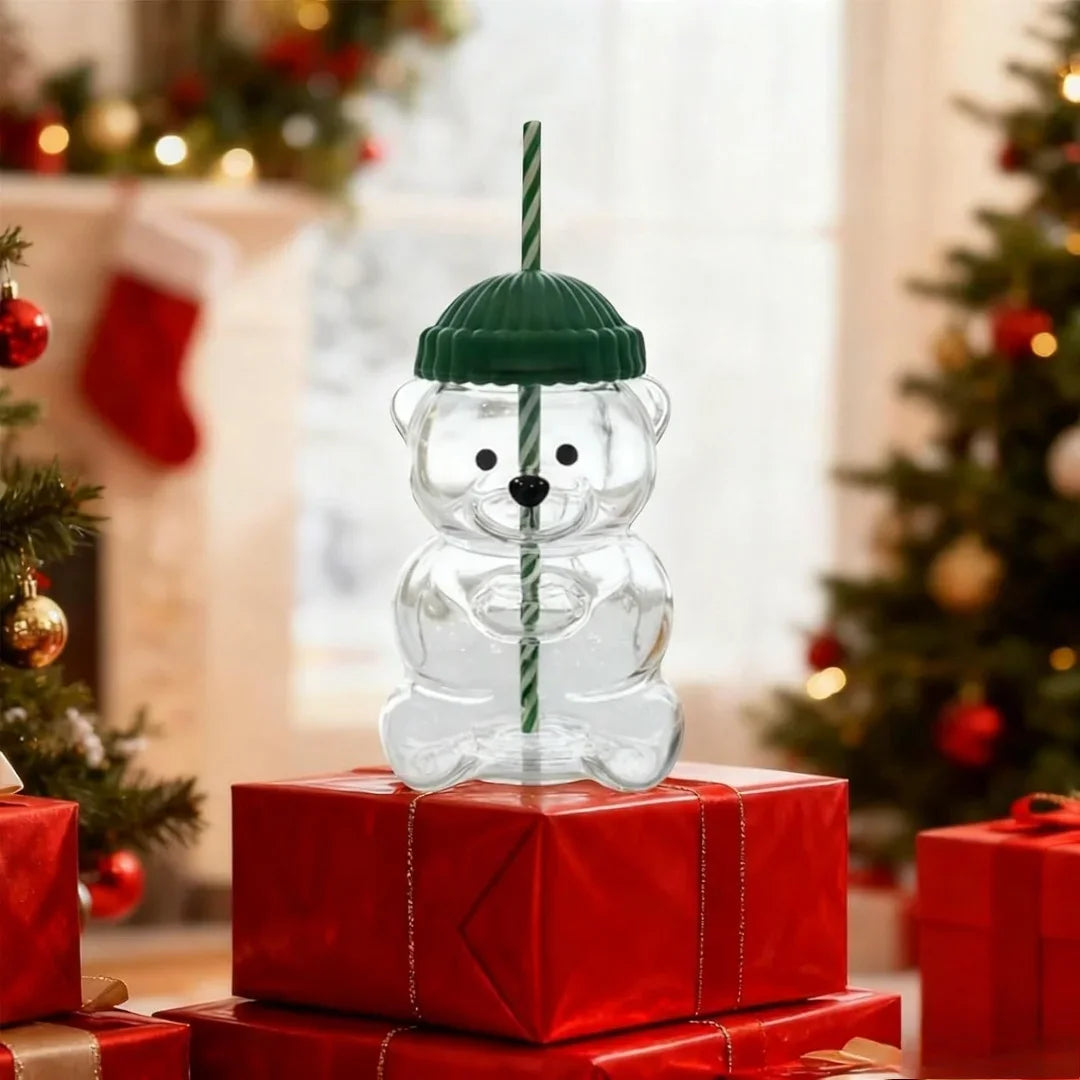 cartoon bear glass cup with straw