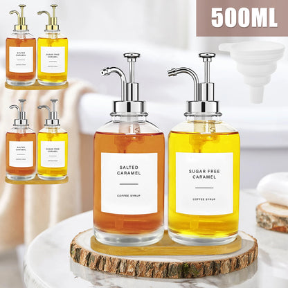 coffee syrup dispenser set with bamboo tray